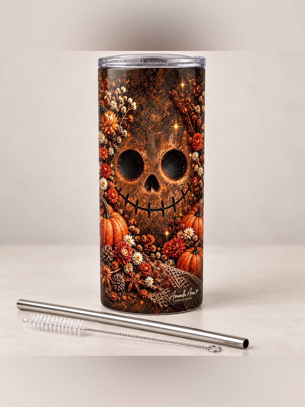 20 oz Stitched Skull Halloween Tumbler | Fall Florals